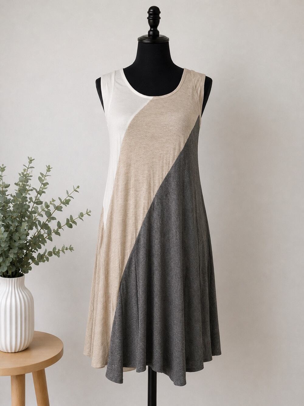 Weston Anthropologie Colorblock Asymmetrical Swing Dress Gray Beige Small